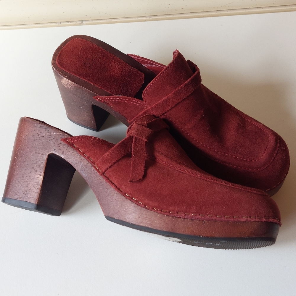 VTG Brazil Suede leather stacked heel platform clogs shoes slip American Eagle - Picture 5 of 6